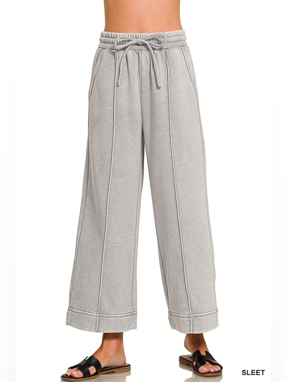 Zenana Sleet Acid Washed Fleece Pintuck Wide Leg Cropped Pants